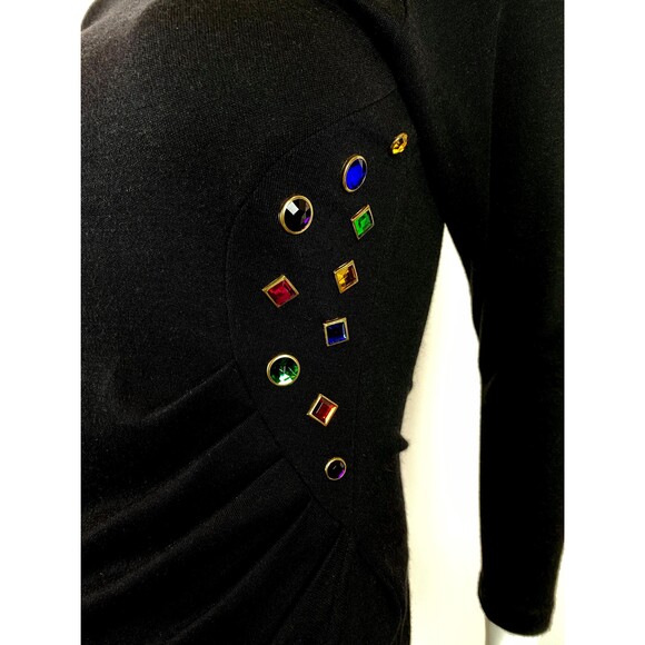 VTG Black Dress Multicolored Rhinestone Mock Neck Stretch Long Sleeve 80s 90s - Picture 6 of 8